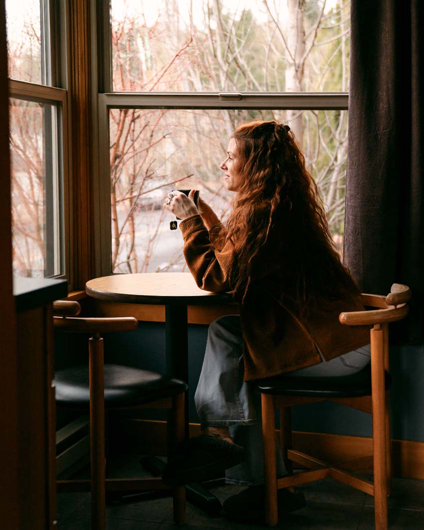 Drinking tea in the kitchenette